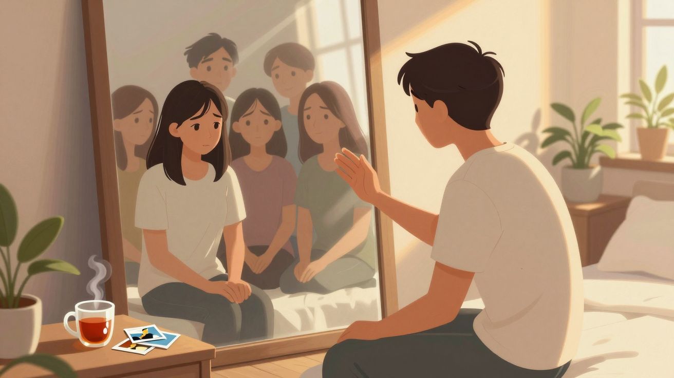 Pessoa sentada em frente a um espelho com reflexos de várias outras pessoas, num ambiente sereno e interior.