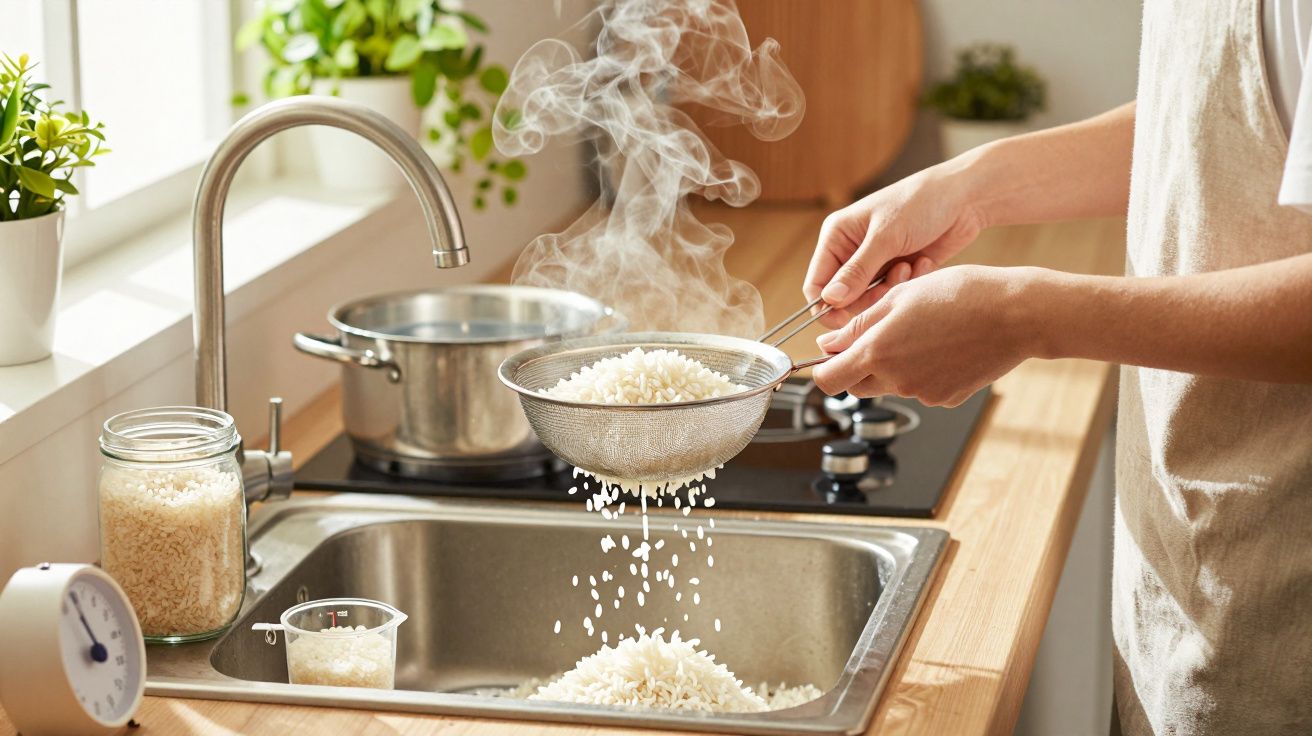 Pessoa a escorrer arroz cozido num passador sobre a pia da cozinha com vapor visível a sair do arroz.