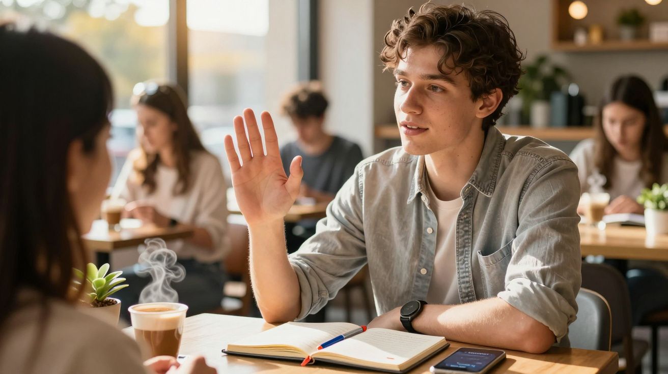 Jovem conversa com colega numa cafetaria enquanto estudam, com caderno aberto e smartphone na mesa.