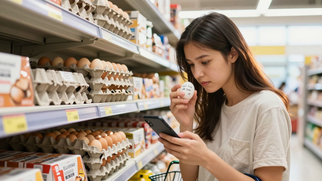 Mulher jovem segura ovo e consulta o telemóvel na secção de ovos de supermercado.