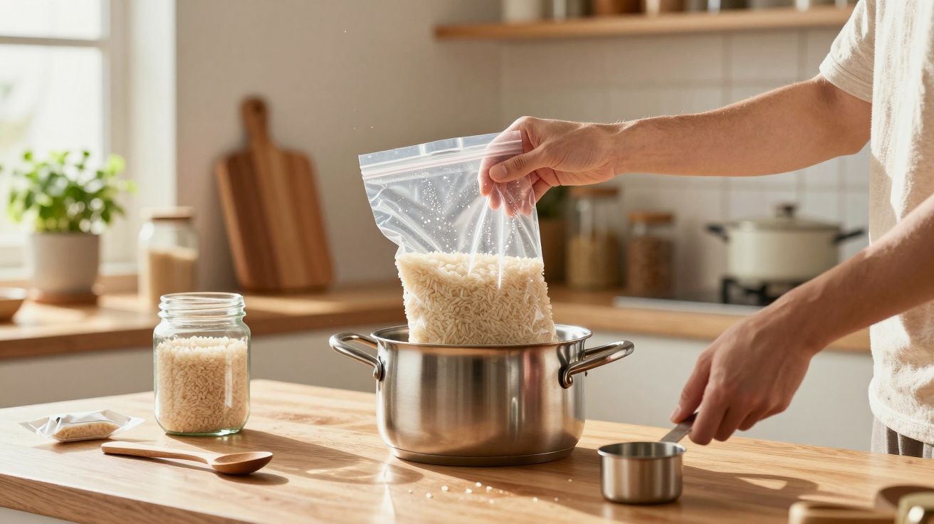Pessoa a colocar arroz de saco plástico em panela na cozinha com frasco e colher em madeira na bancada.