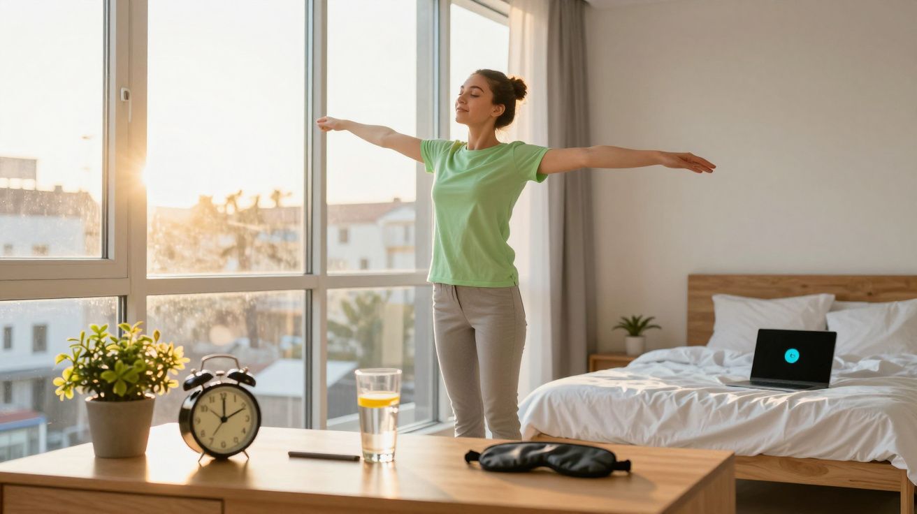 Mulher estica os braços em quarto luminoso pela manhã, ao lado de jarro, relógio e computador portátil na cama.