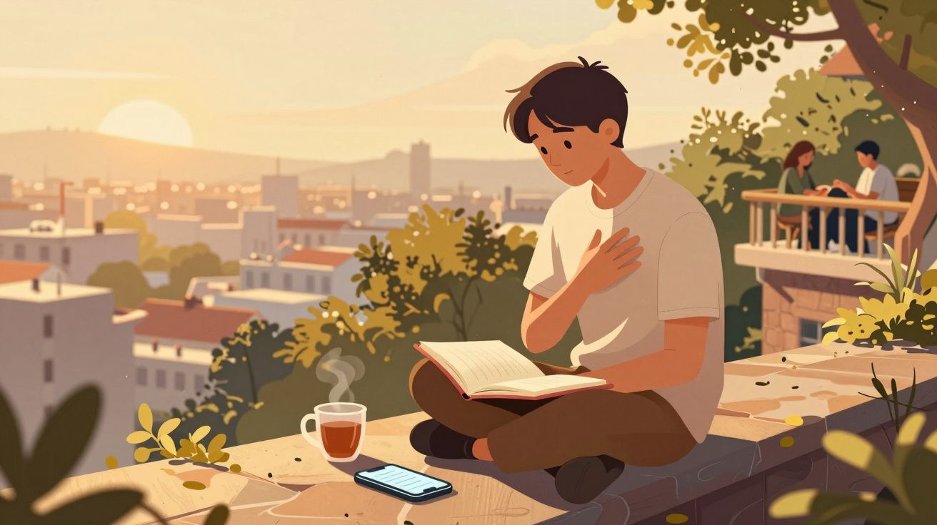 Jovem sentado ao ar livre, a ler um livro com chá e telemóvel ao lado, ao pôr do sol numa cidade.