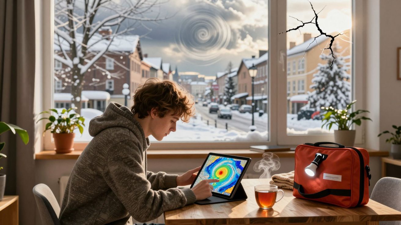 Jovem sentado numa mesa em casa, a analisar no tablet um mapa meteorológico de tempestade.