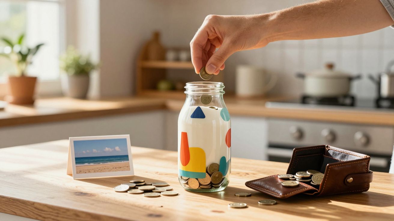 Pessoa a colocar moedas num mealheiro de vidro numa cozinha iluminada, ao lado de uma carteira aberta com moedas.
