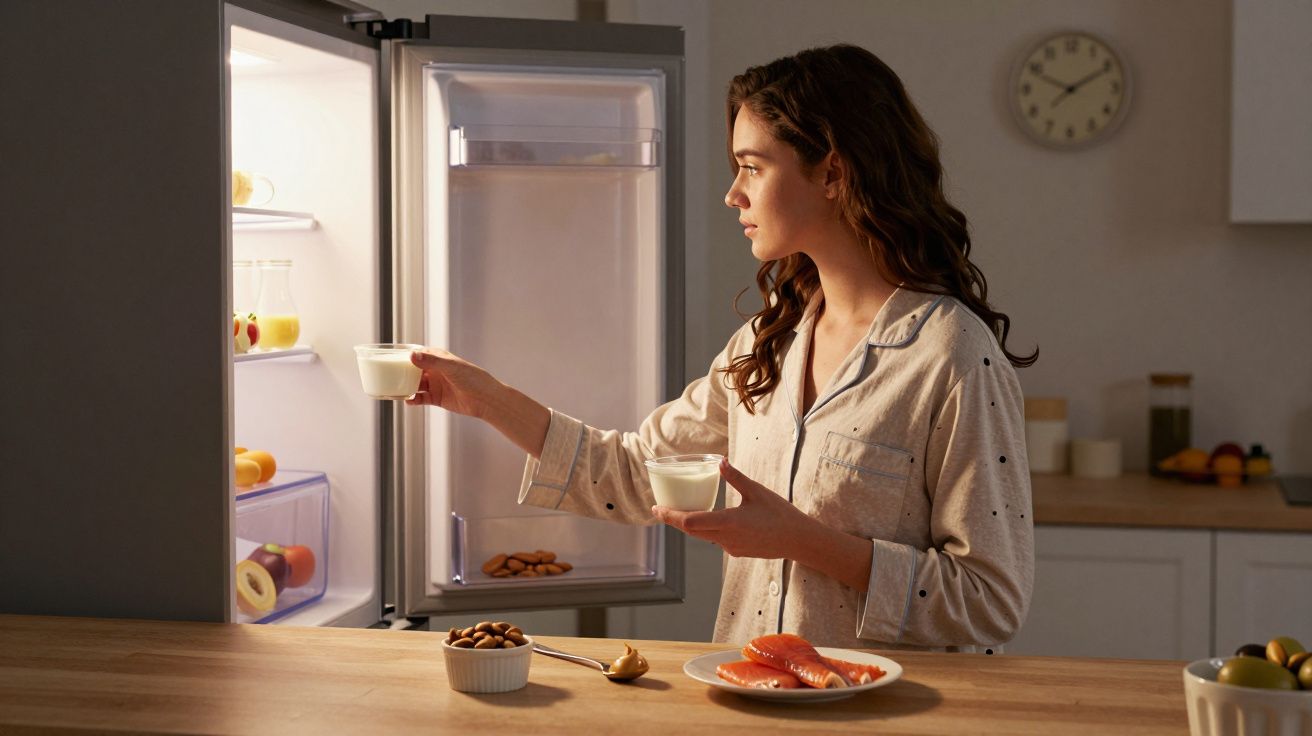 Mulher de pijama a retirar um copo de iogurte do frigorífico numa cozinha moderna e iluminada.