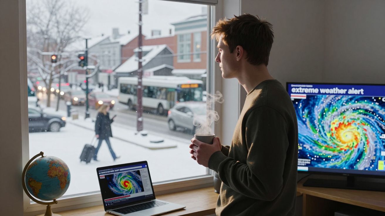 Homem observa tempestade de neve pela janela enquanto segura chá, com alerta de clima extremo no ecrã atrás e portátil.
