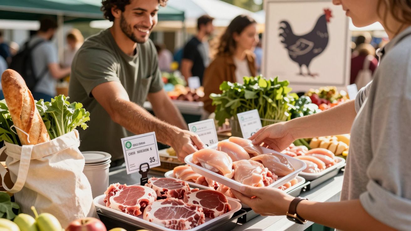 Pessoa a comprar peito de frango fresco num mercado ao ar livre com vendedor sorridente.