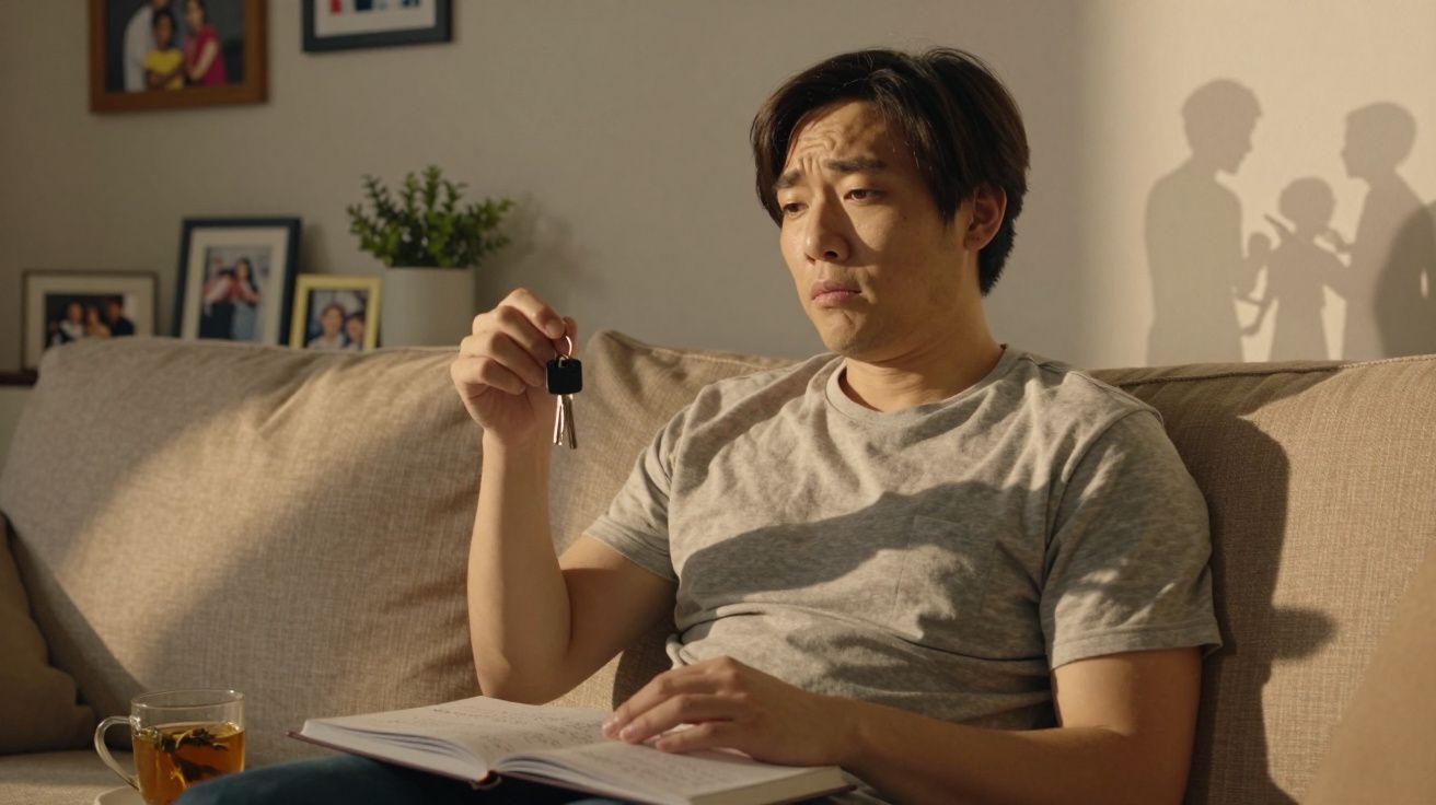 Homem sentado no sofá olhando para uma chave, com um livro aberto e chá ao lado, expressão pensativa.