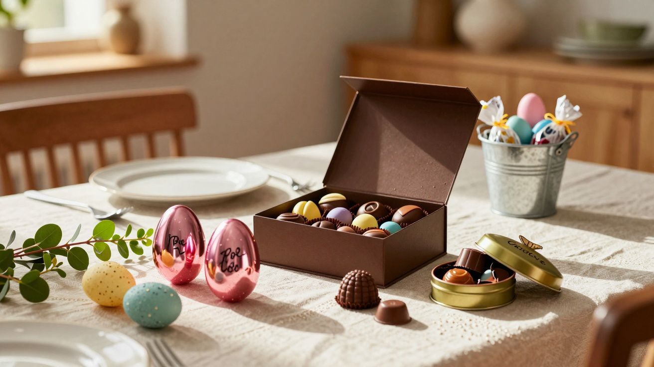 Mesa posta com ovos de Páscoa coloridos, bombons em caixas e decoração primaveril.