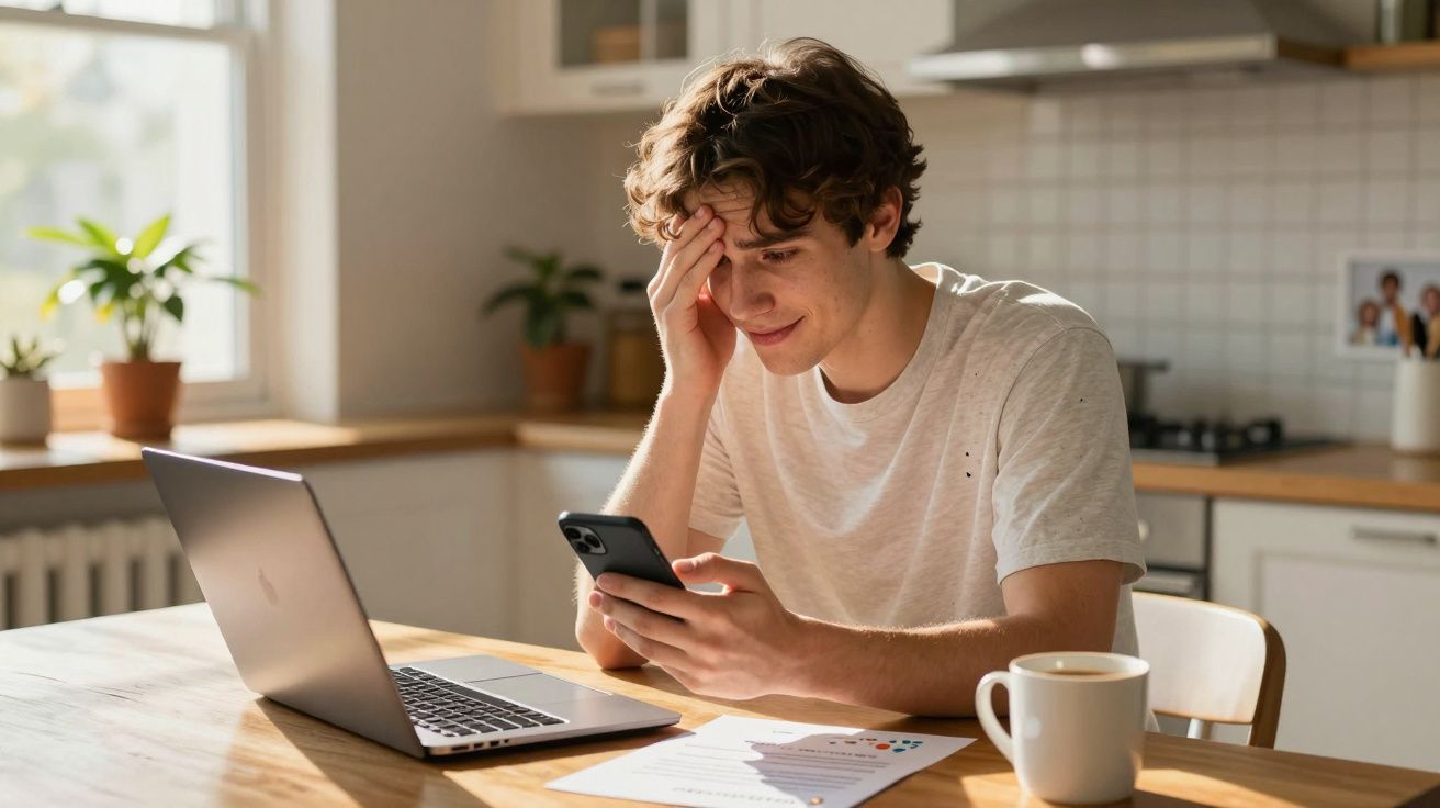 Jovem sentado à mesa da cozinha com computador e chá, a olhar para o telemóvel sorrindo.