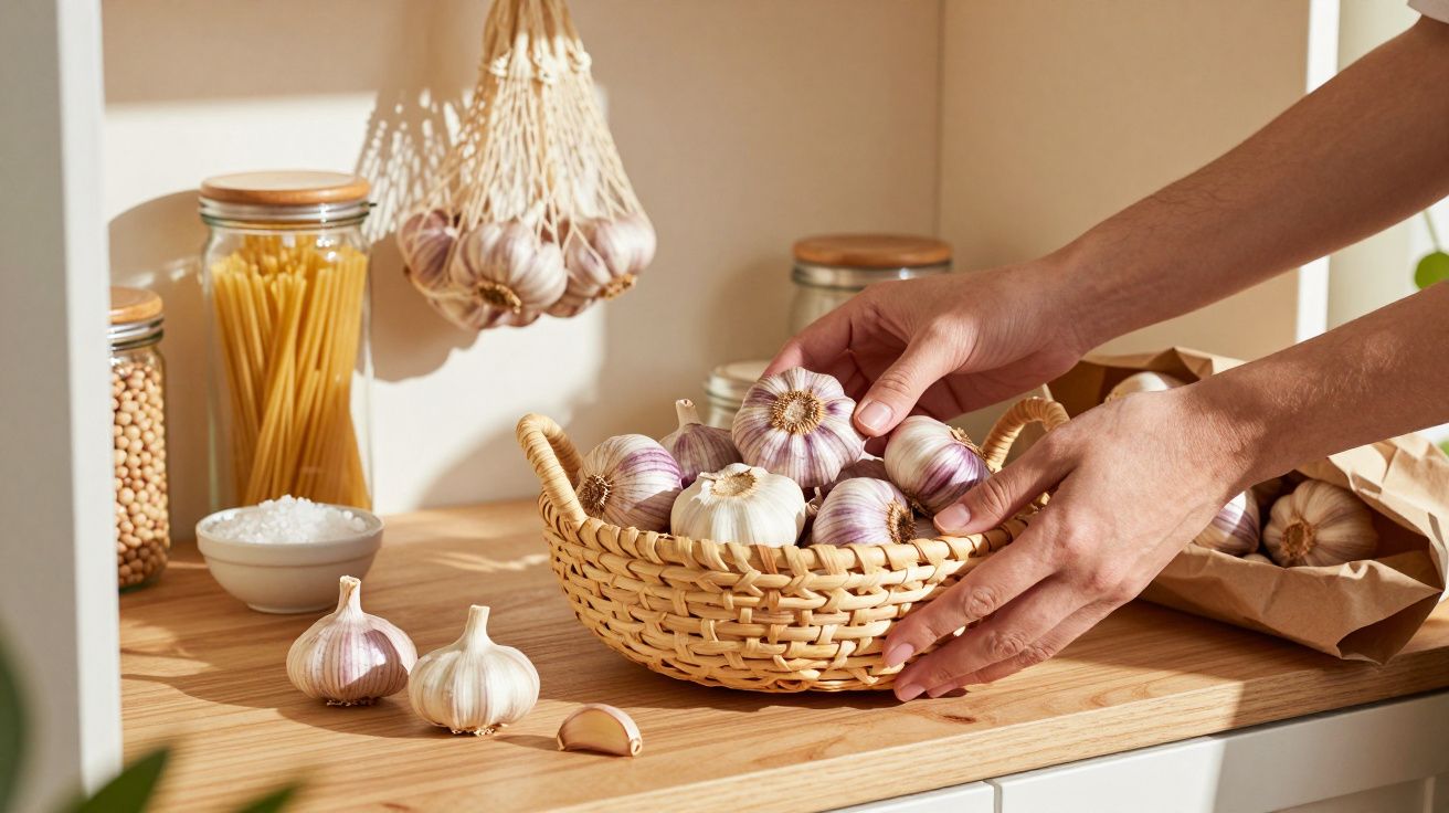 Mãos a organizar cabeças de alho num cesto de verga numa bancada de cozinha com ingredientes em frascos.