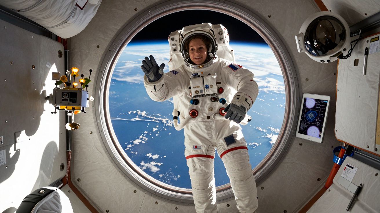 Astronauta a acenar no espaço, vista da Terra pela janela da Estação Espacial Internacional.