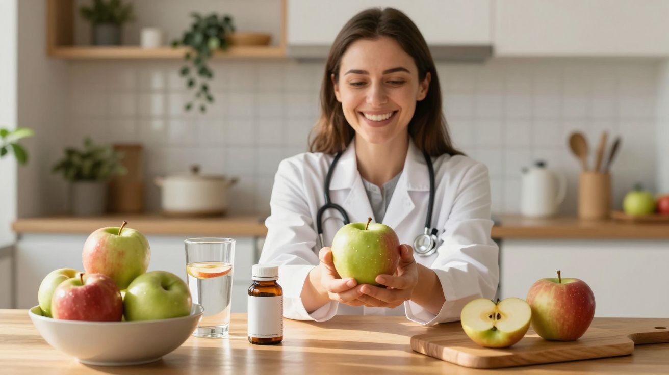 Médica sorridente segura maçã verde, com maçãs, medicamento e copo de água numa cozinha iluminada.