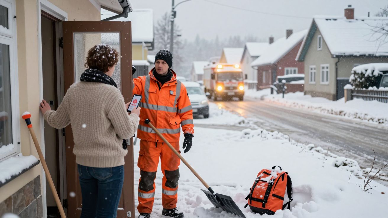 Trabalhador de limpeza urbana em roupa laranja conversa com morador na porta de casa durante nevasca.