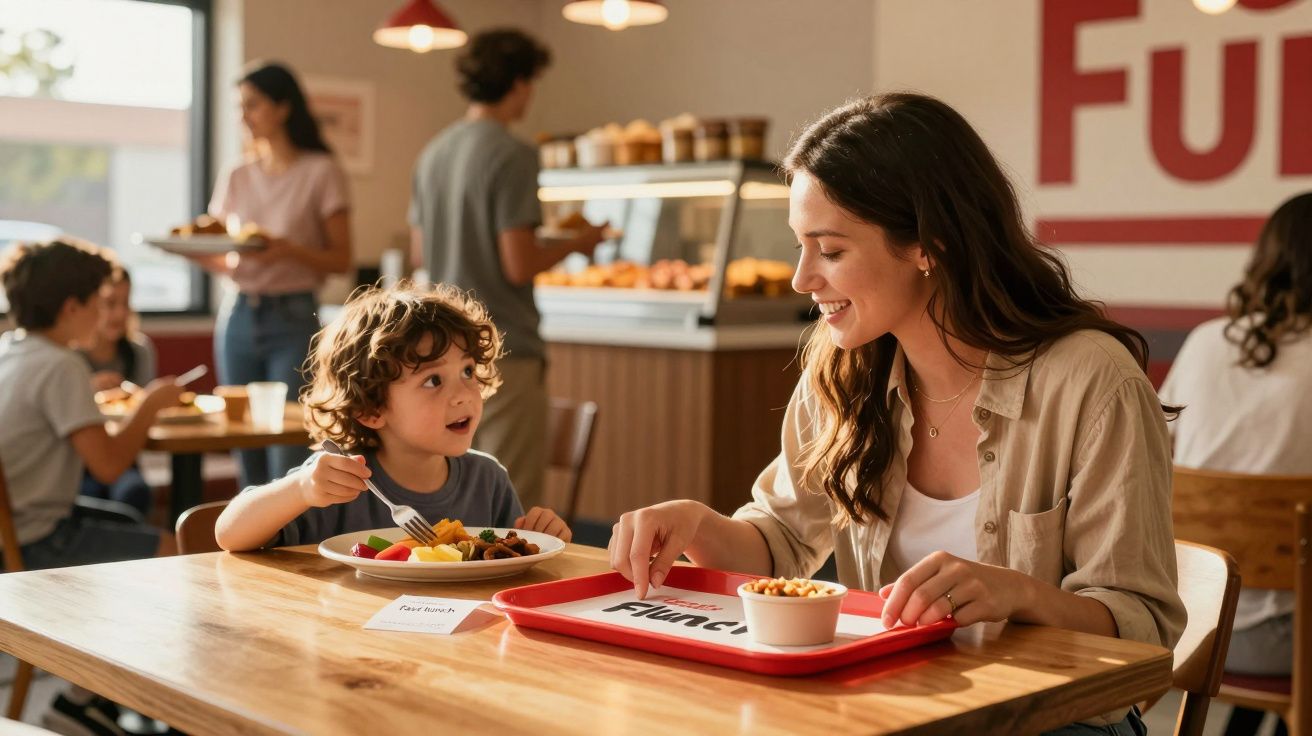 Mulher e criança sentados a comer num restaurante com outras pessoas ao fundo.