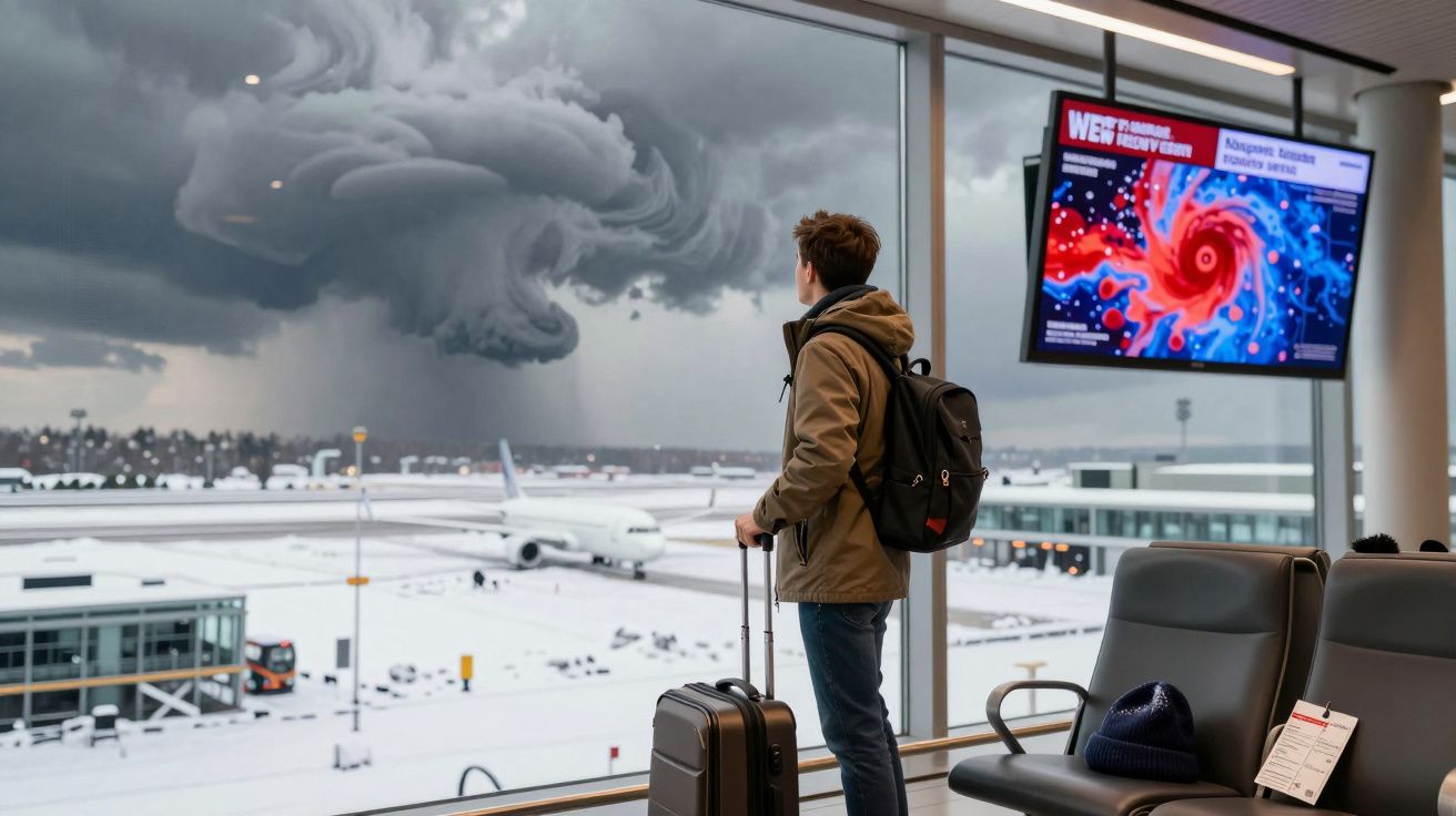 Homem com mochila e mala observa tornado a aproximar-se no aeroporto a partir da sala de espera.