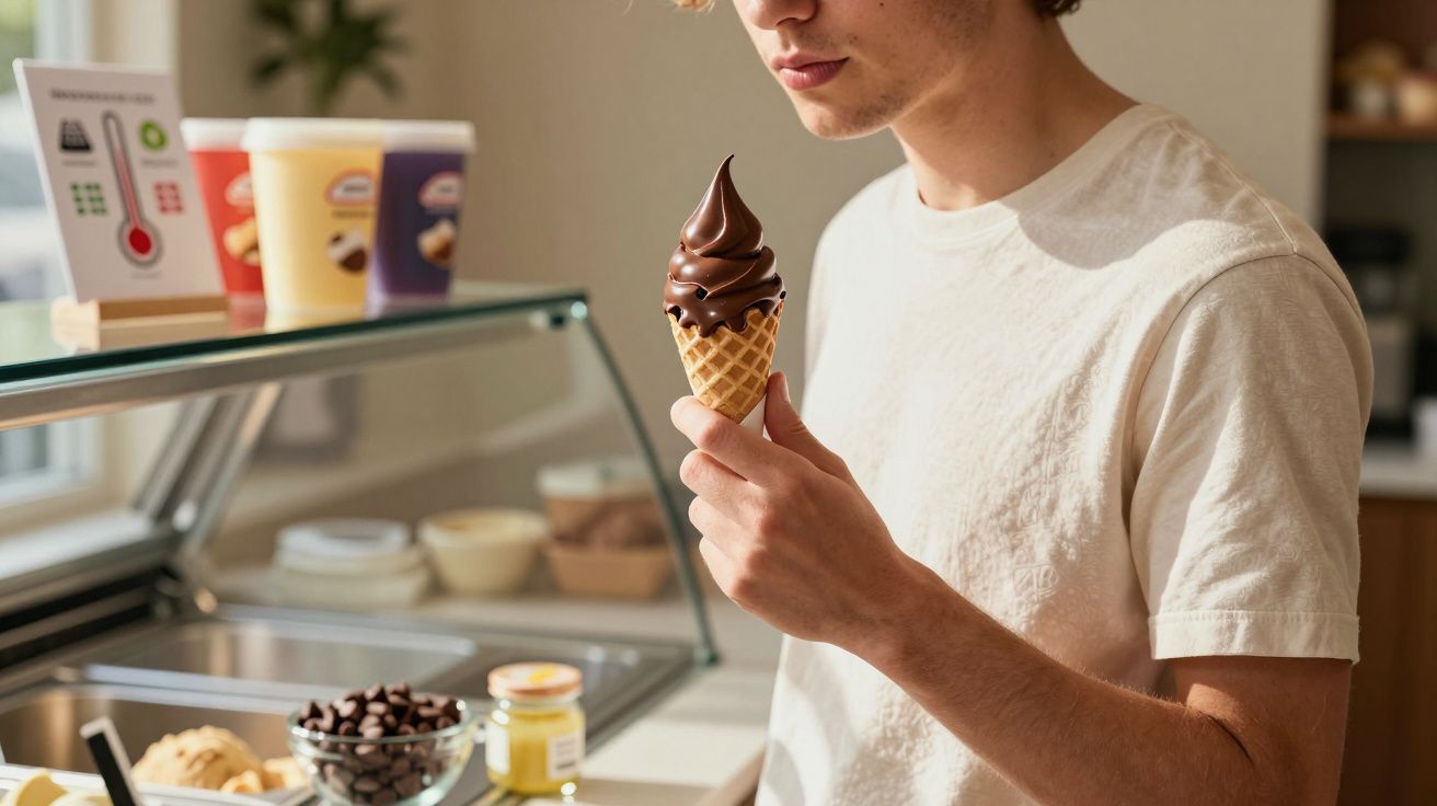 Homem jovem segurando um gelado de chocolate em cone numa gelataria iluminada a fogo natural.