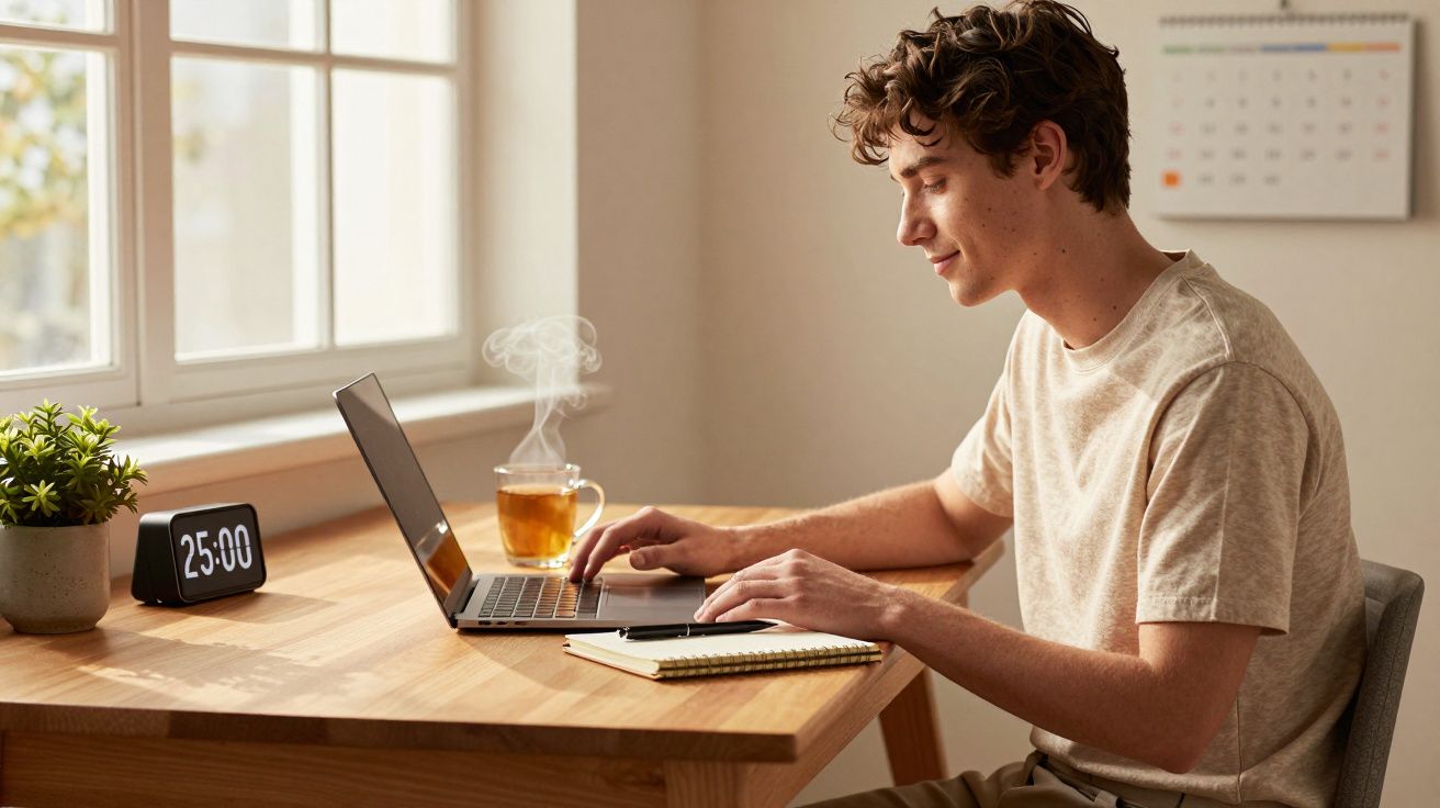 Jovem a trabalhar num computador portátil junto à janela, com chá quente e relógio na secretária.