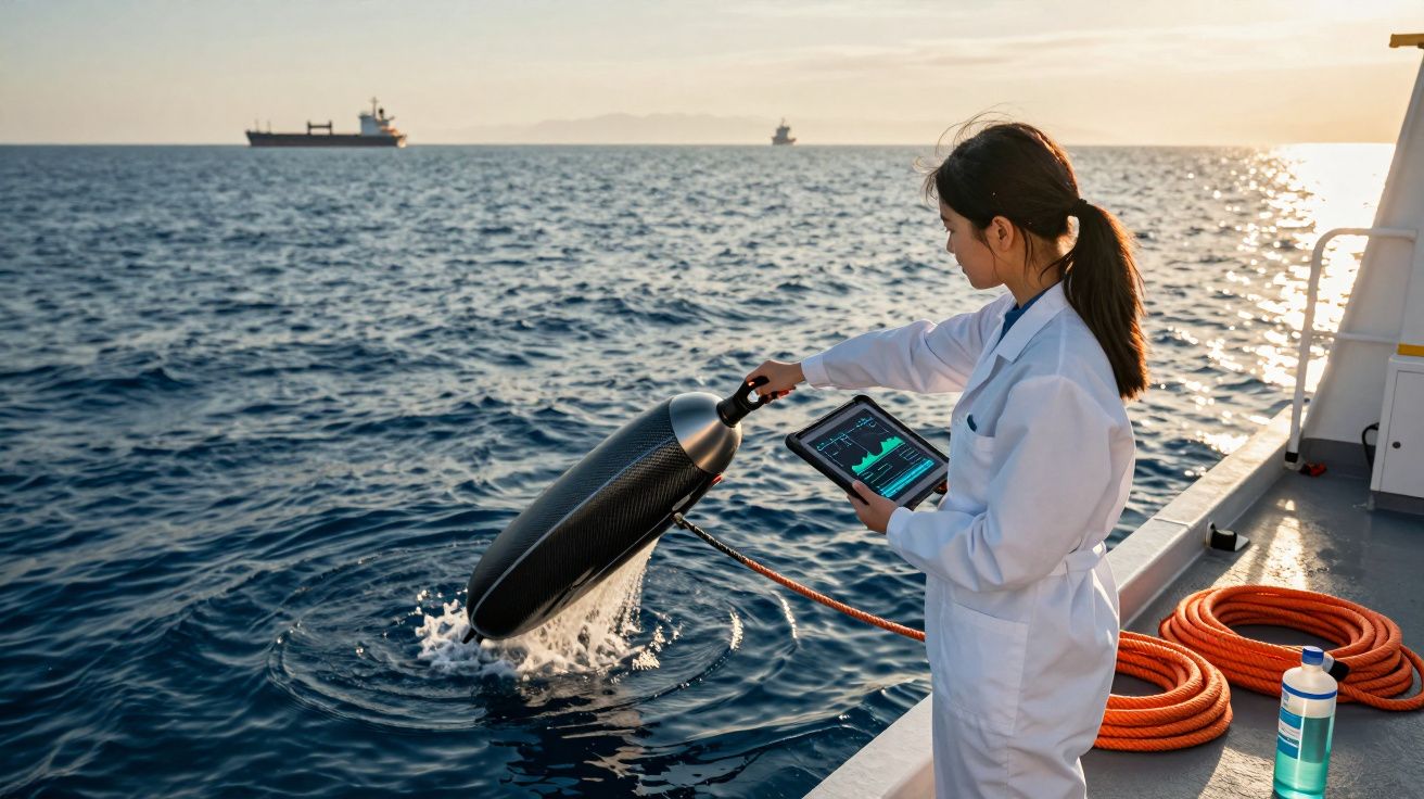 Mulher em bata branca lança equipamento tecnológico na água a partir de barco ao pôr do sol.