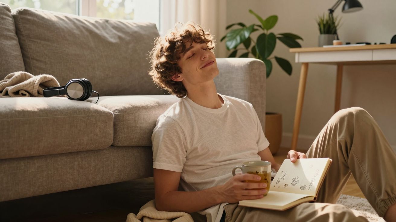 Jovem sentado no chão da sala, a relaxar com chá numa mão e um caderno na outra, sorrindo com os olhos fechados.