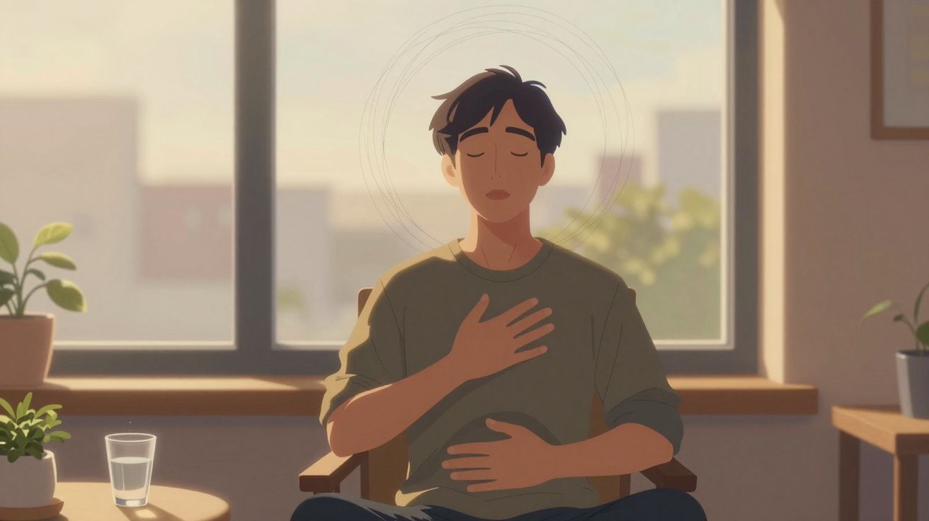 Homem sentado em posição de meditação com olhos fechados e mãos no peito e abdômen numa sala iluminada.