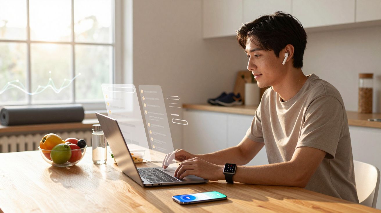 Jovem a trabalhar num portátil numa cozinha moderna com auscultadores sem fios e telemóvel à sua frente.