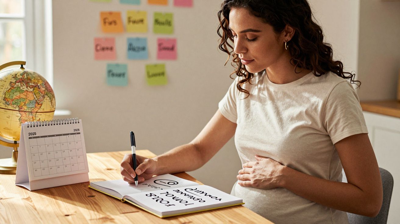 Mulher grávida sentada à mesa a escrever num caderno, ao lado tem um calendário e um globo terrestre.
