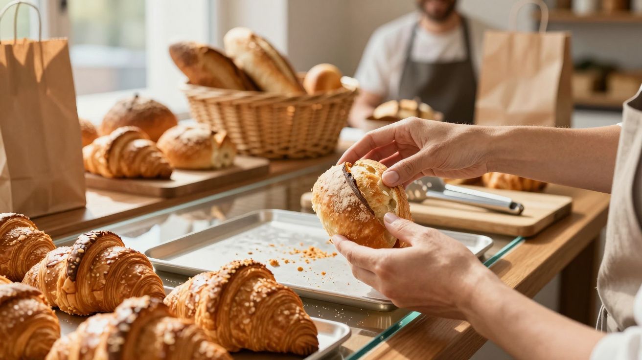 Pessoa a colocar chocolate num pão doce numa pastelaria com croissants numa bandeja e cestos de pão ao fundo.