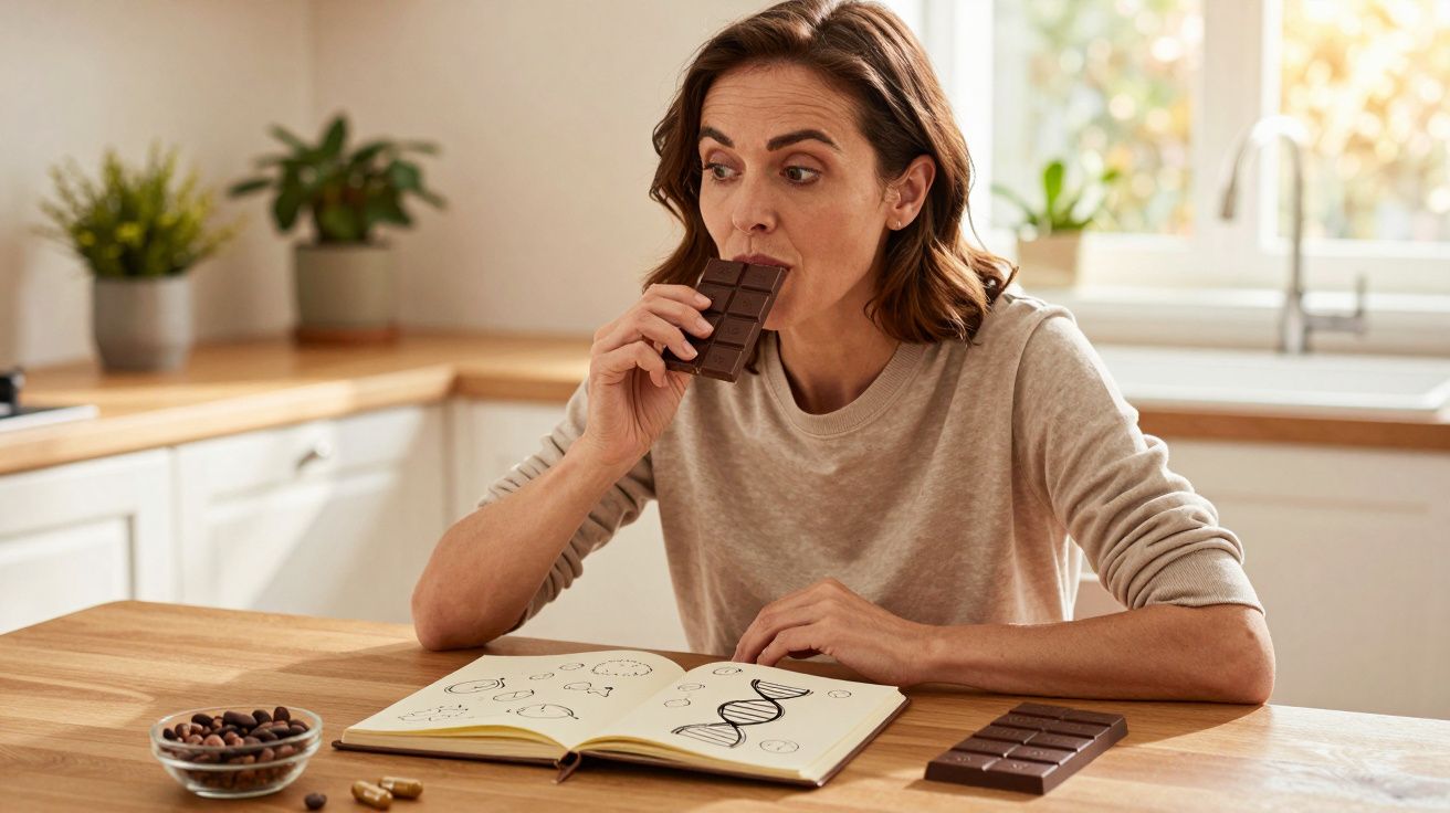 Mulher sentada à mesa, a comer chocolate, com livro aberto a desenhos científicos à sua frente.