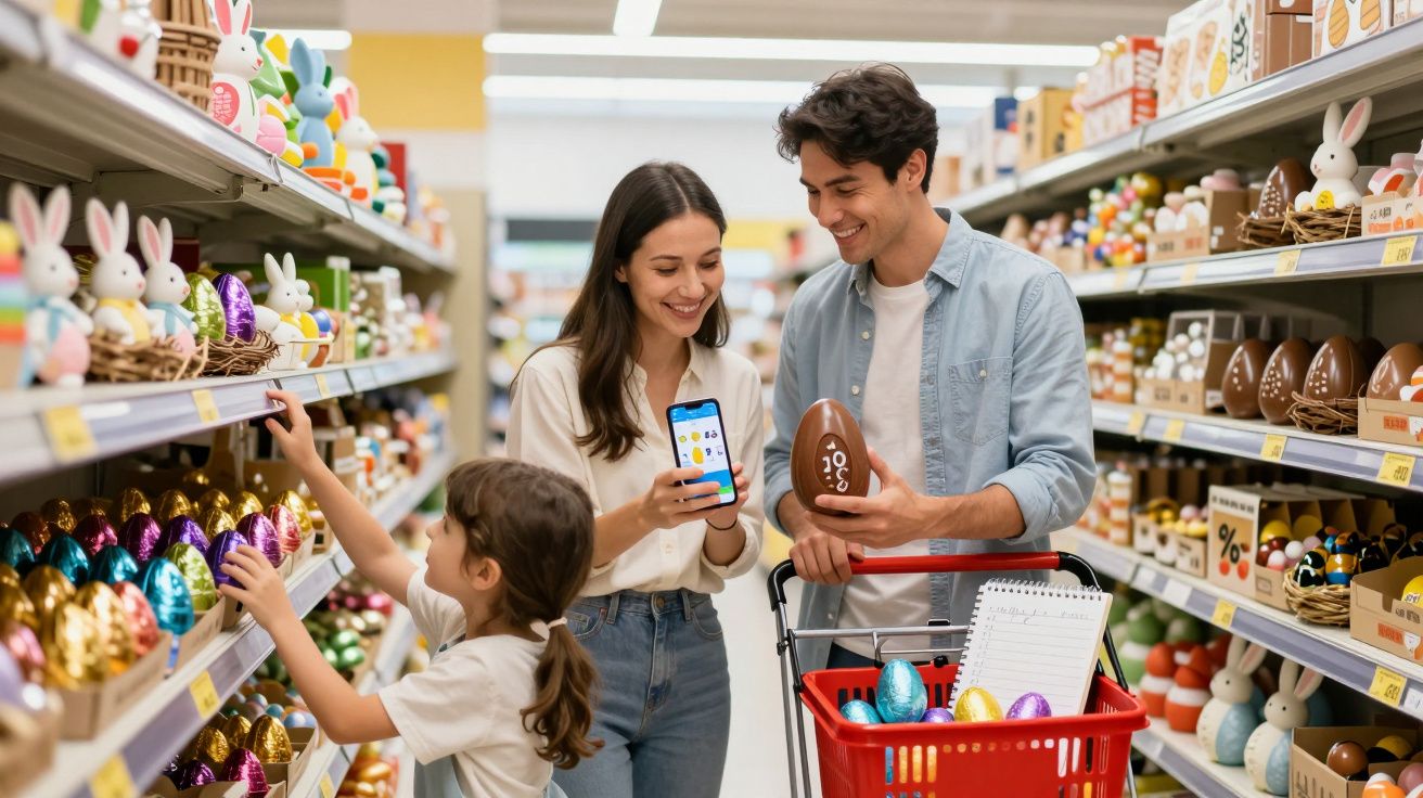 Família feliz escolhe ovos de Páscoa no supermercado, mãe mostra lista de compras no telemóvel.