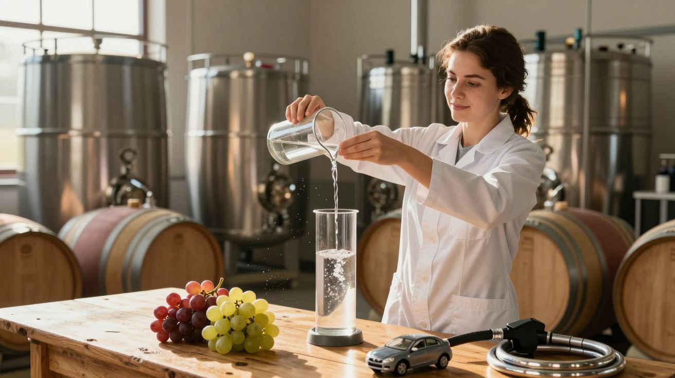 Mulher em laboratório a medir líquido com uvas, modelo de carro e bomba de combustível numa mesa de madeira.