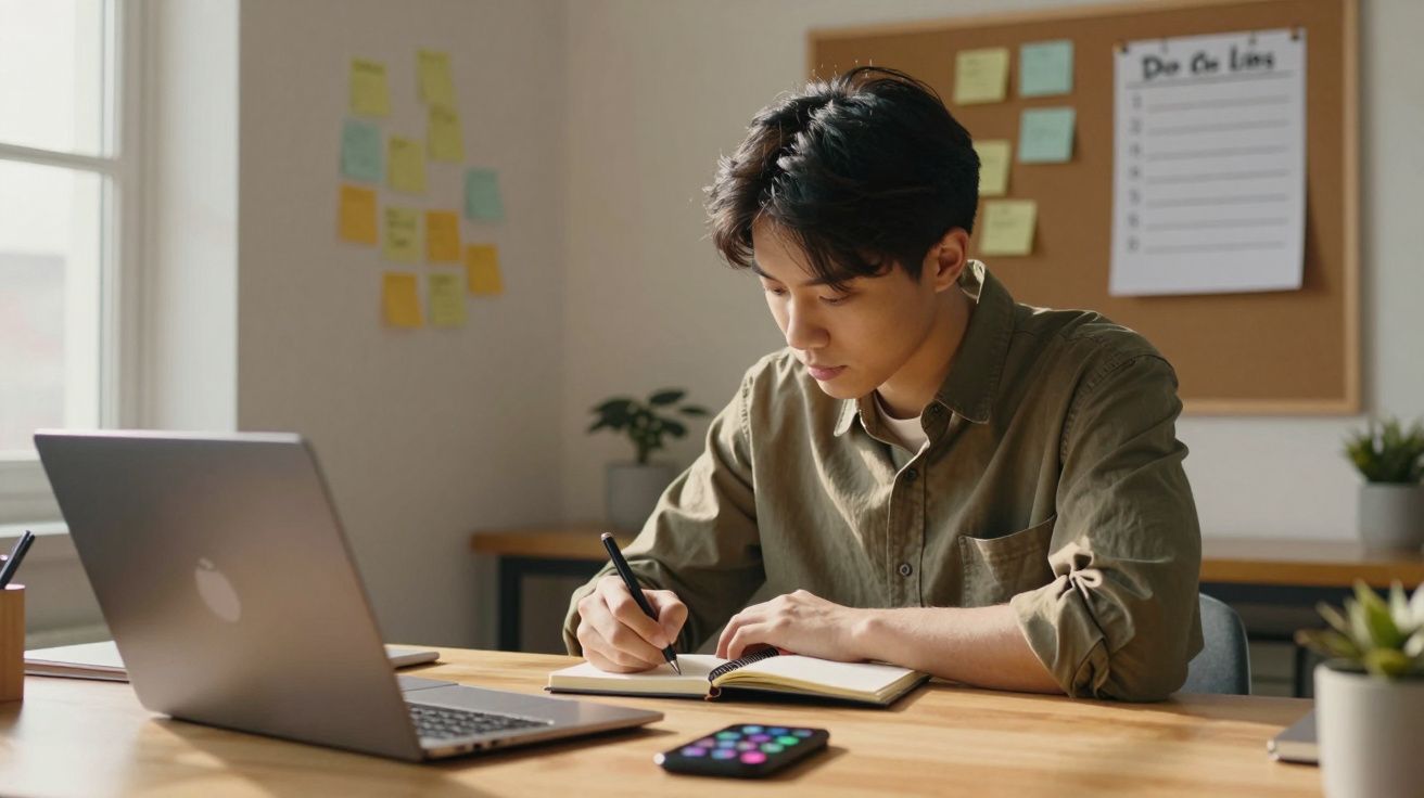 Jovem a escrever num caderno sentado numa mesa com computador portátil, telemóvel e plantas num escritório iluminado.