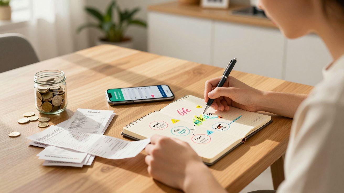 Pessoa a planear finanças pessoais com cadernos, recibos, moedas e smartphone numa mesa de madeira.
