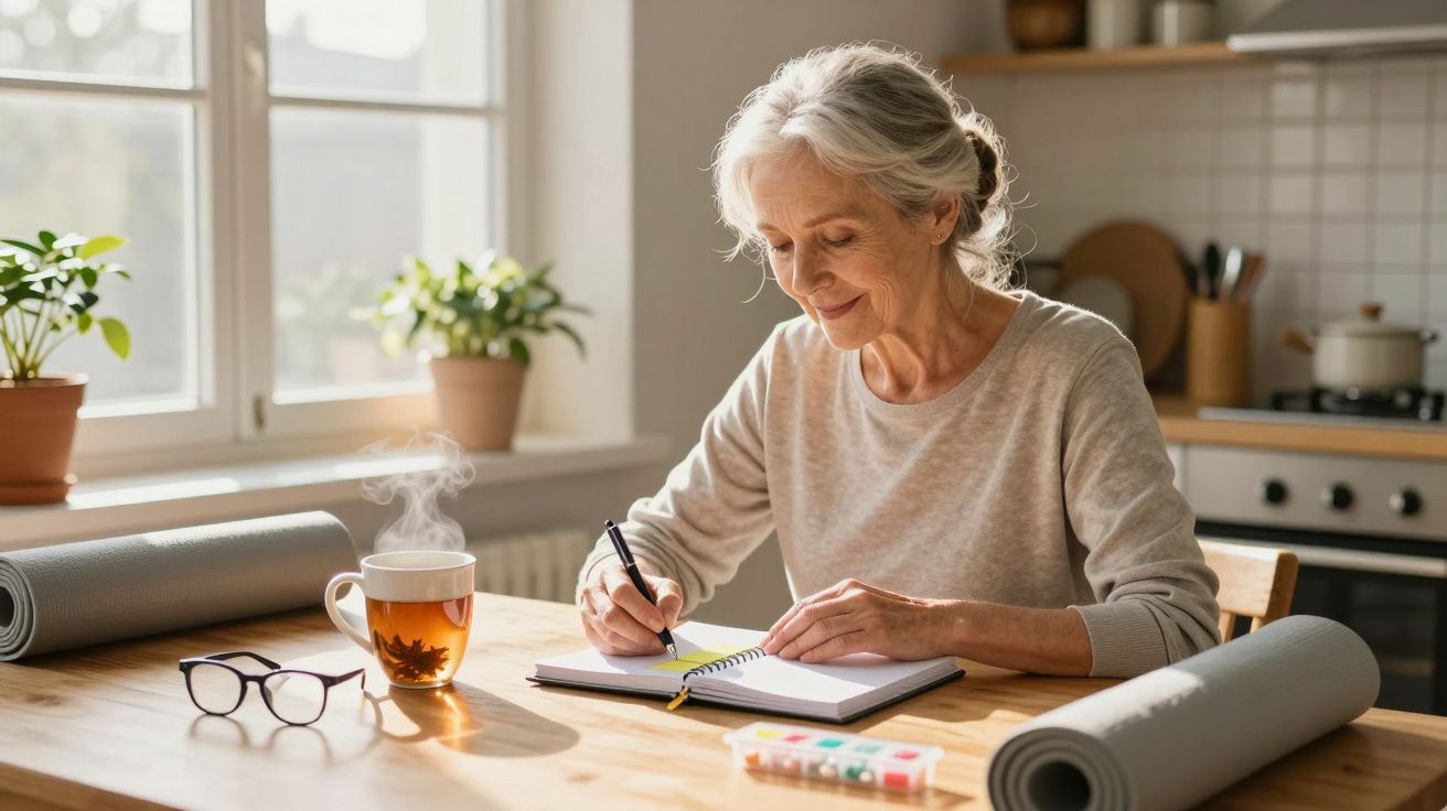 Senhora idosa sentada à mesa a escrever num caderno, com chá quente, óculos e tapetes de yoga na cozinha iluminada.