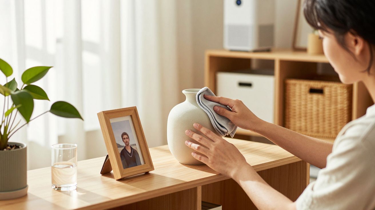 Pessoa a limpar um vaso branco numa estante com uma foto, uma planta e um copo de água.