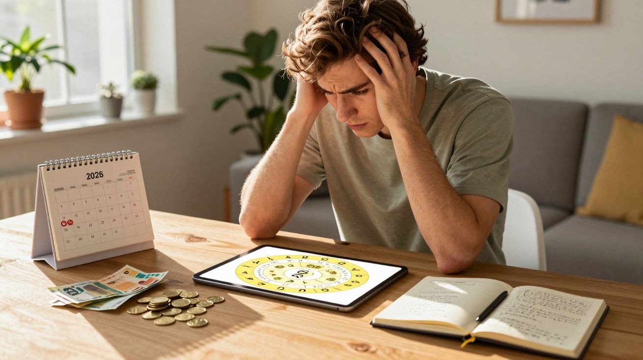 Homem preocupado sentado à mesa com euros, calendário 2026 e tablet com jogo de números.