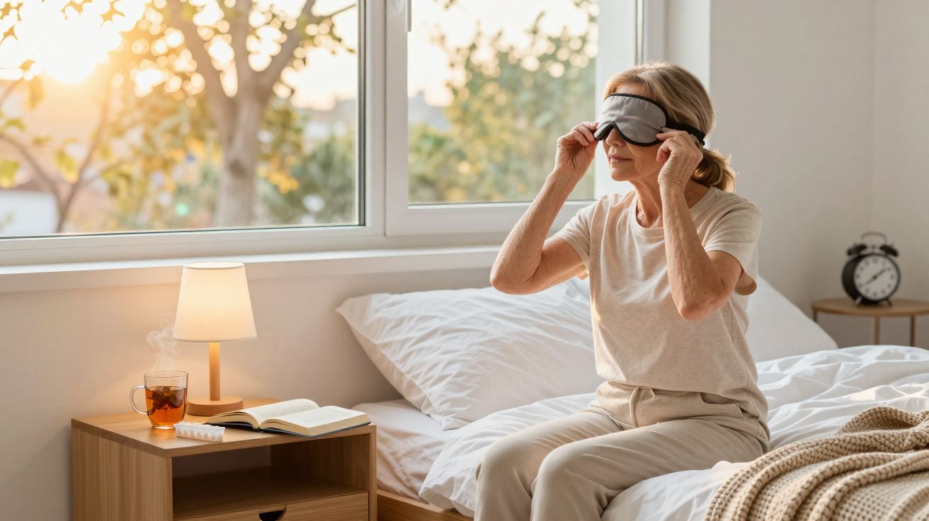 Mulher sentada na cama a colocar máscara de dormir numa manhã iluminada pela luz do sol.
