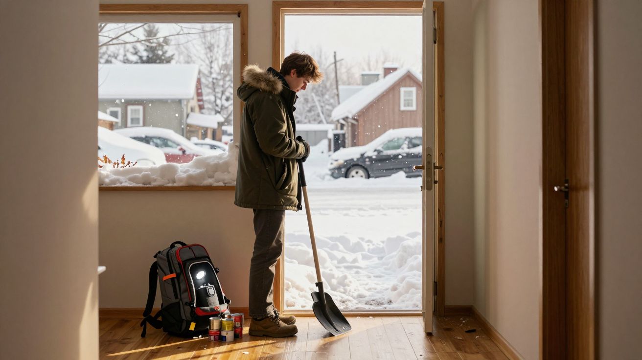Pessoa com casaco e botas segura pá de neve à entrada de casa, com mochila e latas no chão, neve visível do lado de fora.