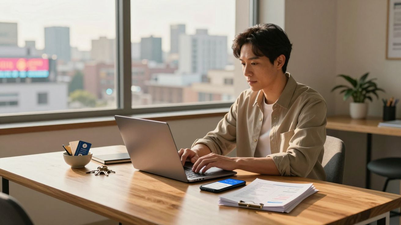 Homem sentado a trabalhar num computador portátil numa mesa com documentos e telemóvel numa sala iluminada pela janela.