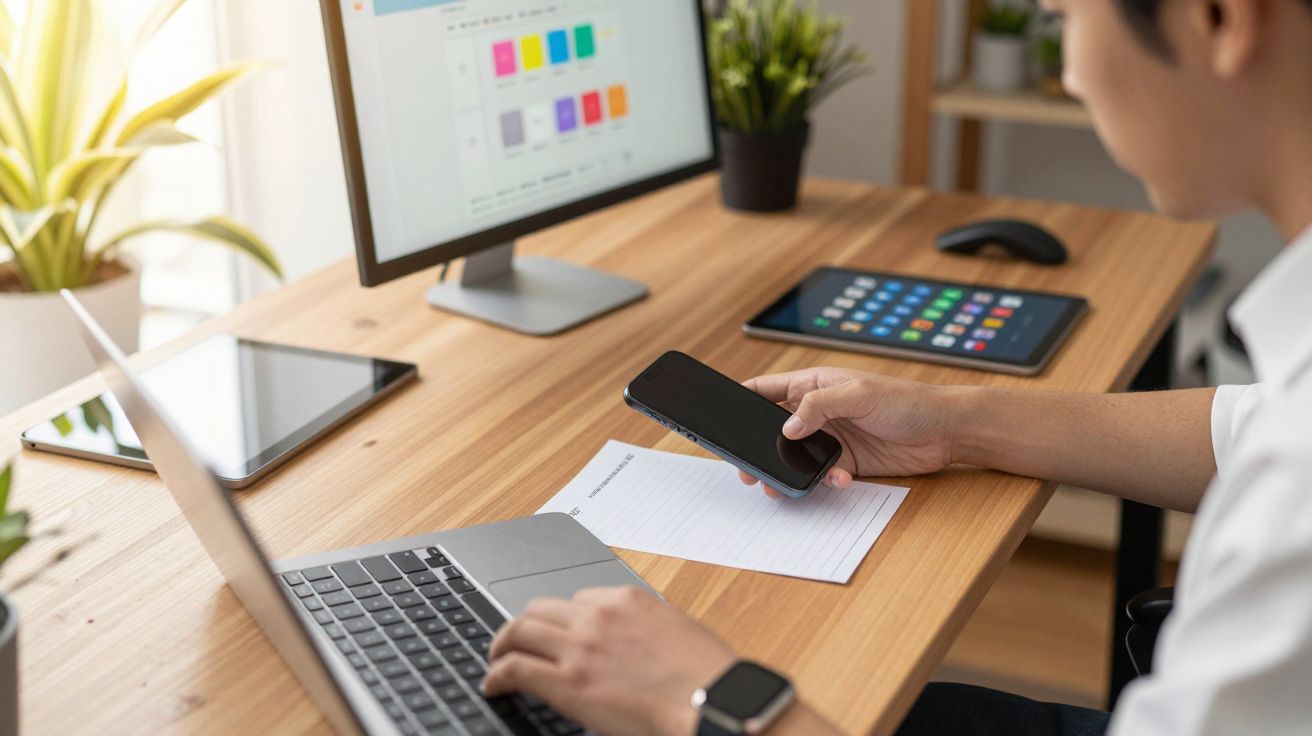 Pessoa a trabalhar num computador portátil, a usar um telemóvel, com tablet e monitor num escritório.