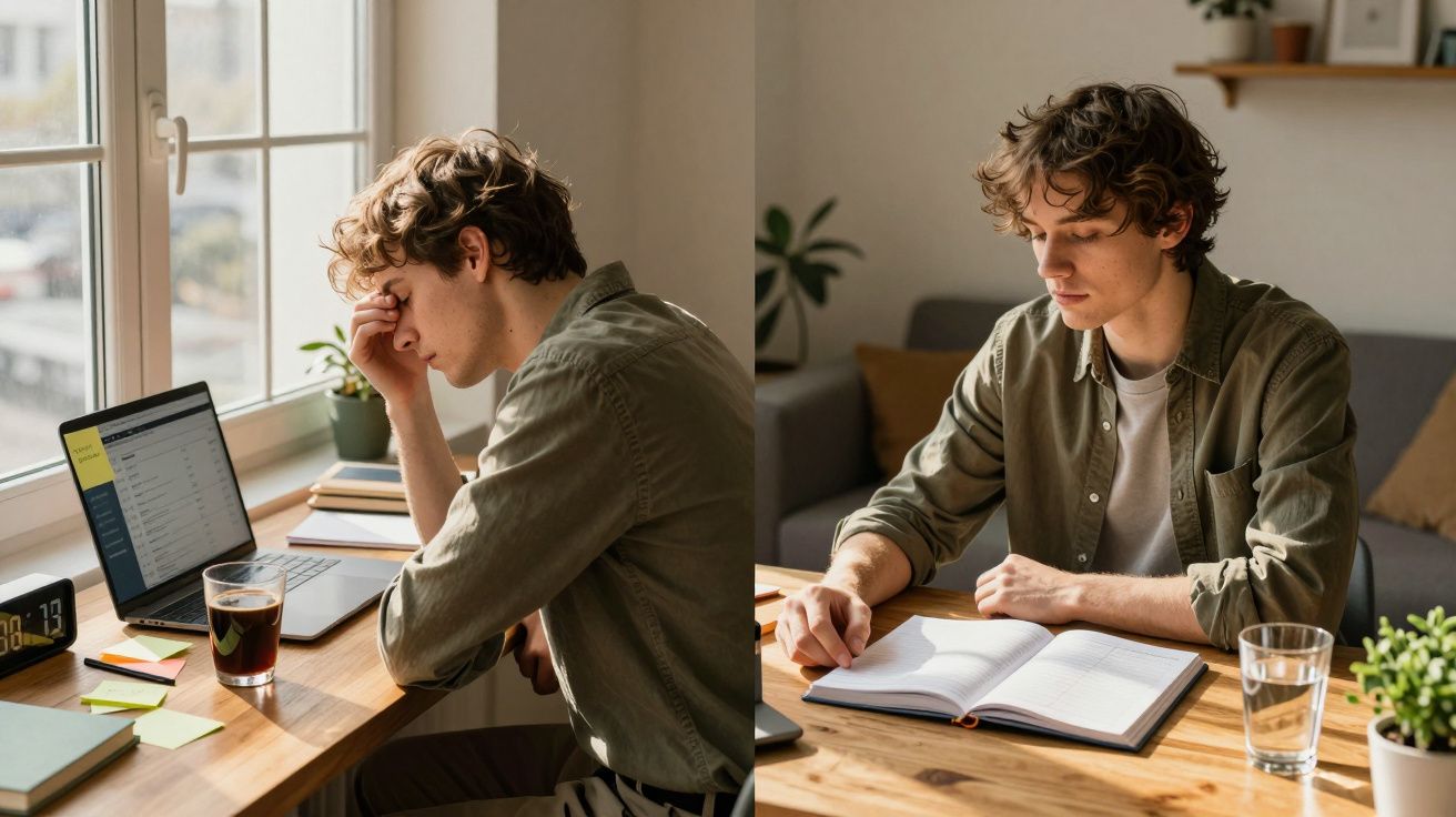 Homem jovem com camisa verde, sentado a trabalhar no computador e a estudar num caderno numa mesa de madeira.