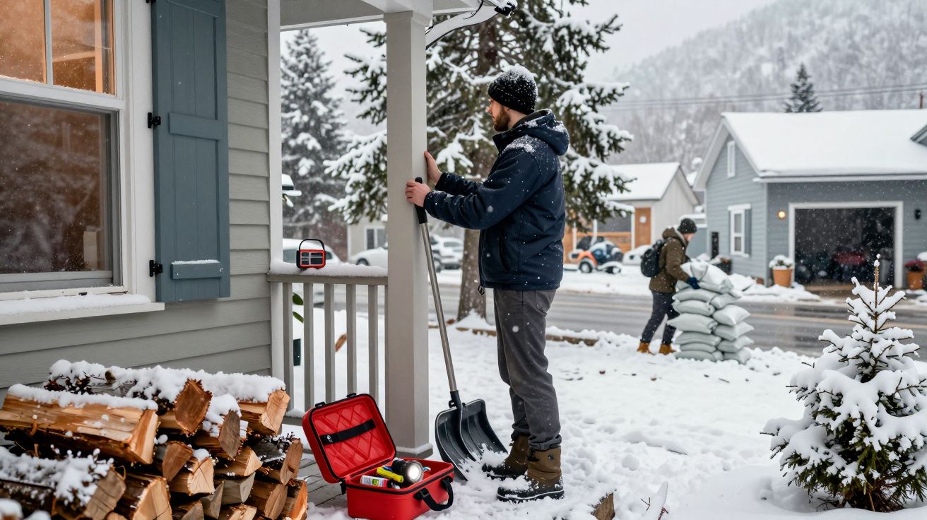 Homem segurando pá na varanda com neve, lenha empilhada e outra pessoa a transportar sacos na rua nevada.