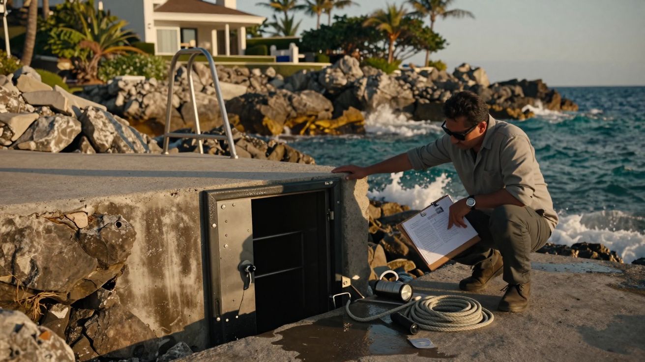 Homem com prancheta inspeciona porta metálica junto a mar e pedras numa margem rochosa.