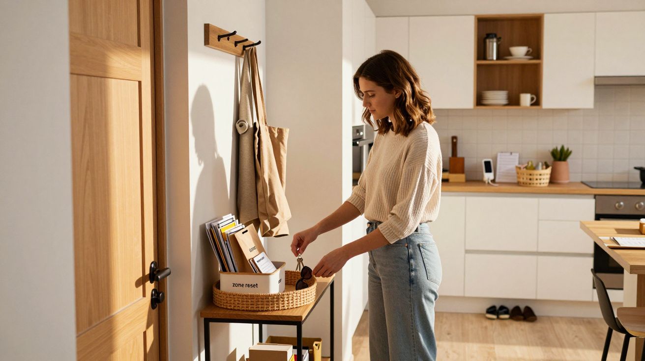 Mulher jovem a organizar objetos numa mesa junto à entrada de uma cozinha moderna e luminosa.
