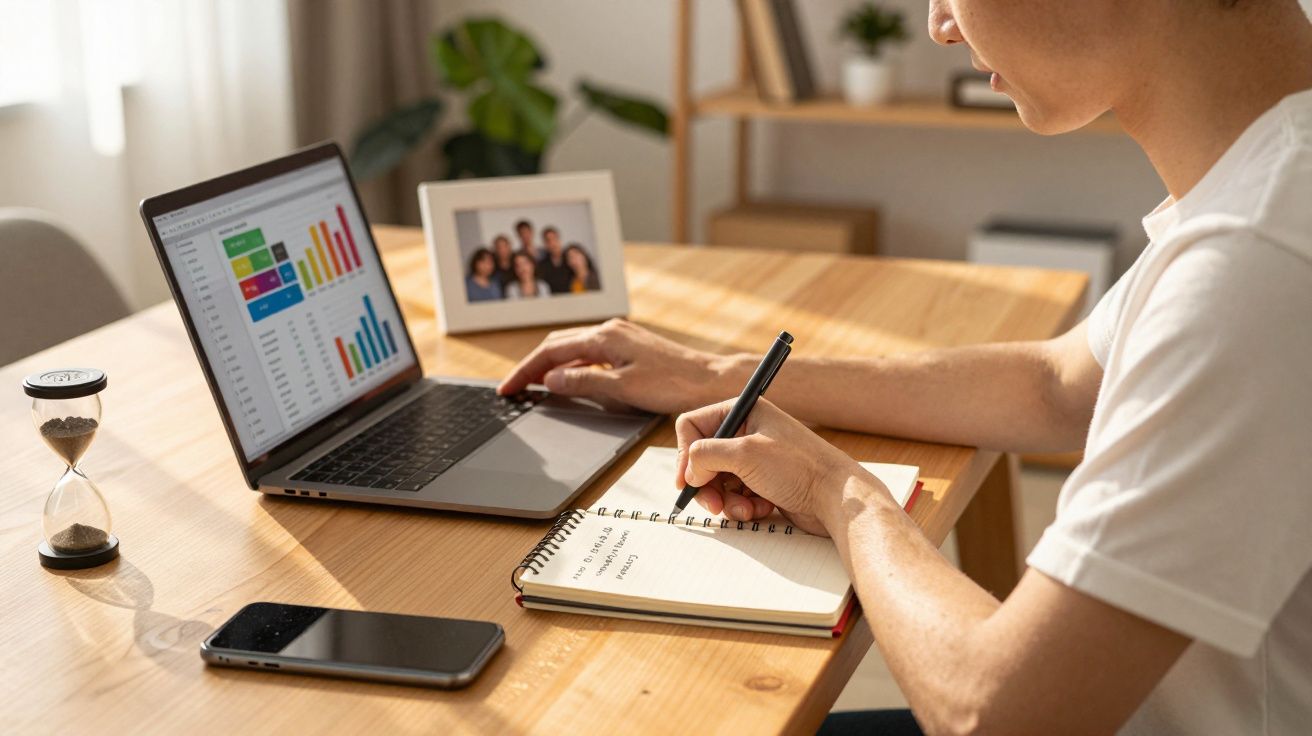 Pessoa a trabalhar num portátil com gráficos, a escrever num bloco de notas numa mesa de madeira clara.