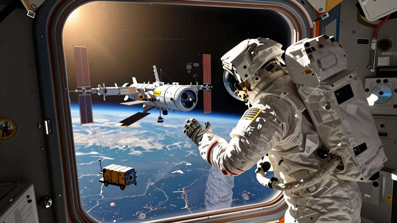 Astronauta dentro de uma estação espacial a observar a Terra e módulos espaciais no espaço.