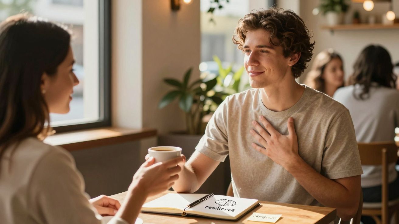 Jovem sorri emocionado enquanto conversa com mulher num café, com caderno aberto na mesa mostrando a palavra "resilience".