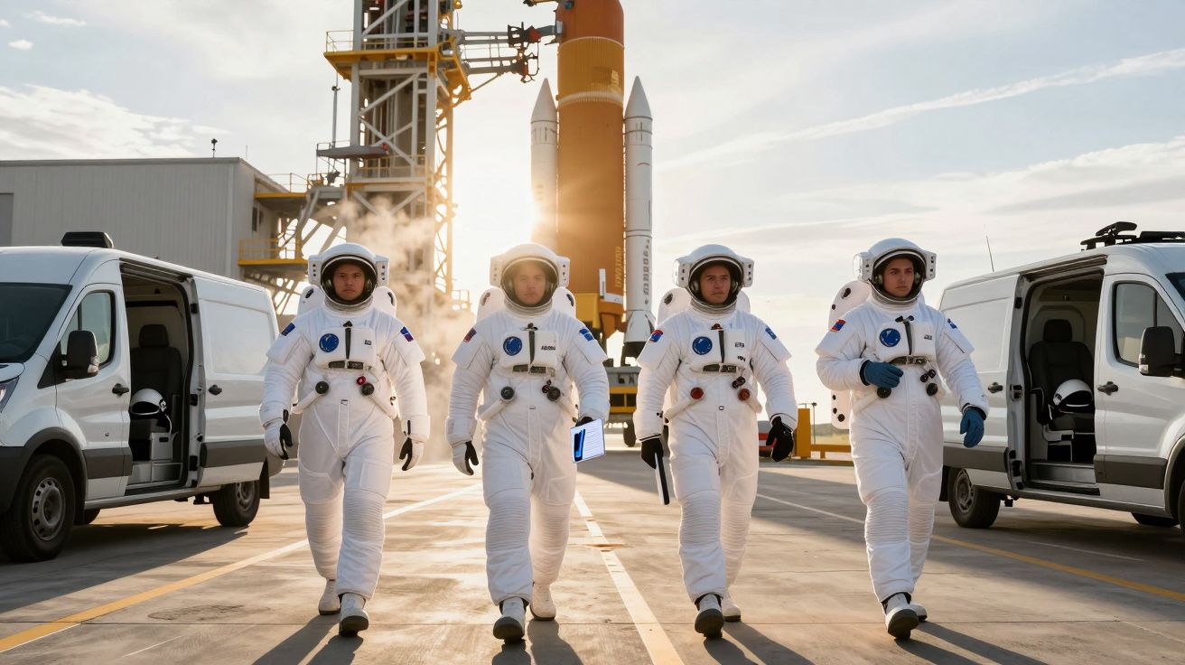 Quatro astronautas de fato espacial branco a caminhar numa base de lançamento com foguete ao fundo e duas carrinhas brancas.
