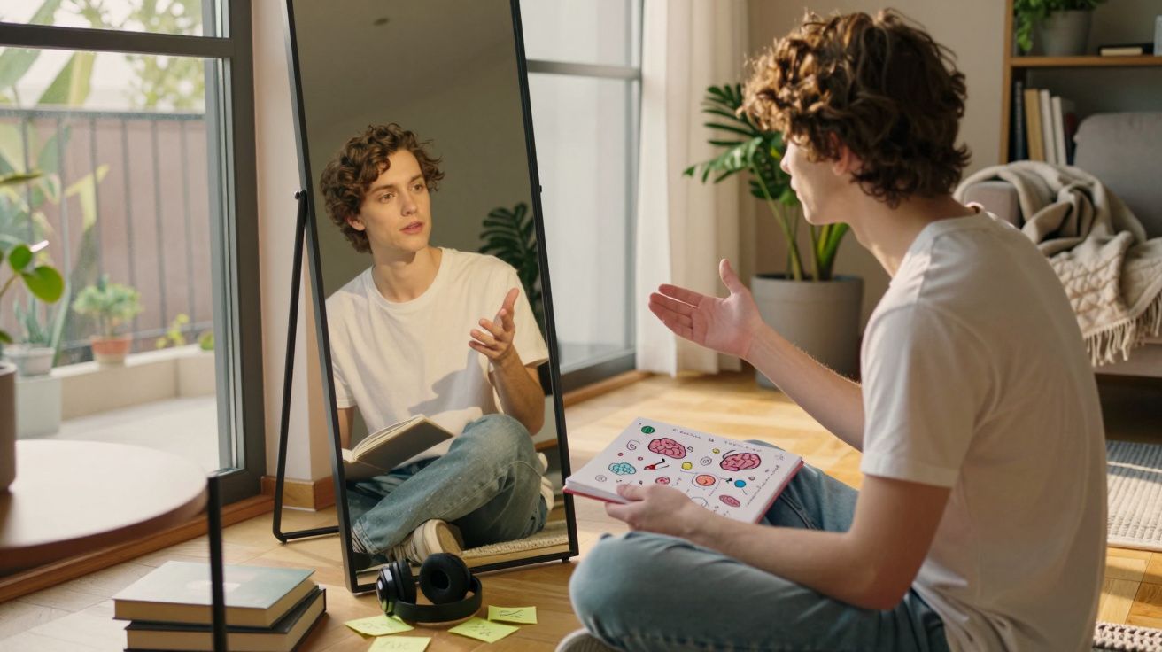 Jovem sentado no chão a falar consigo mesmo através do espelho, segurando um caderno colorido.